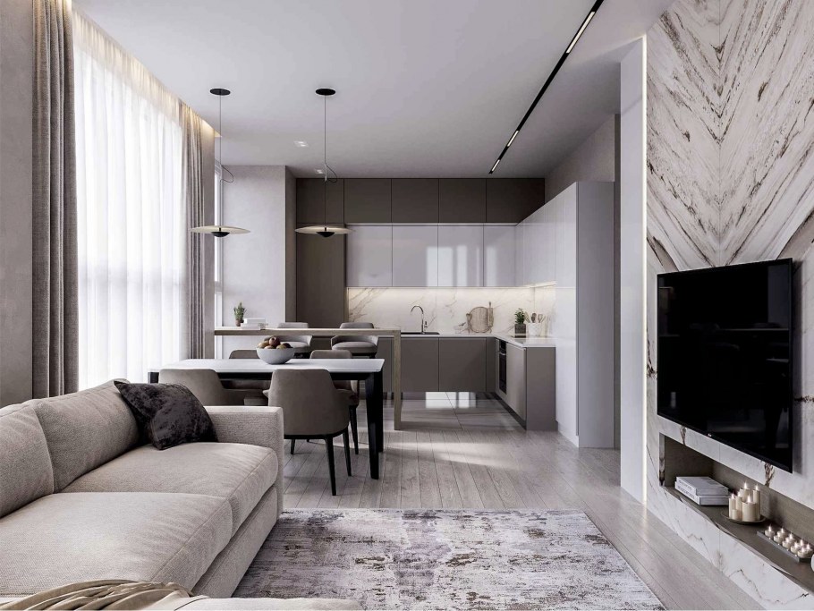 Гостиная пустая с кухней реальная в ЖК Мещерский лес