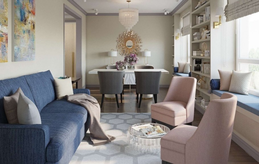 Гостиная в бежевых тонах с яркими акцентами