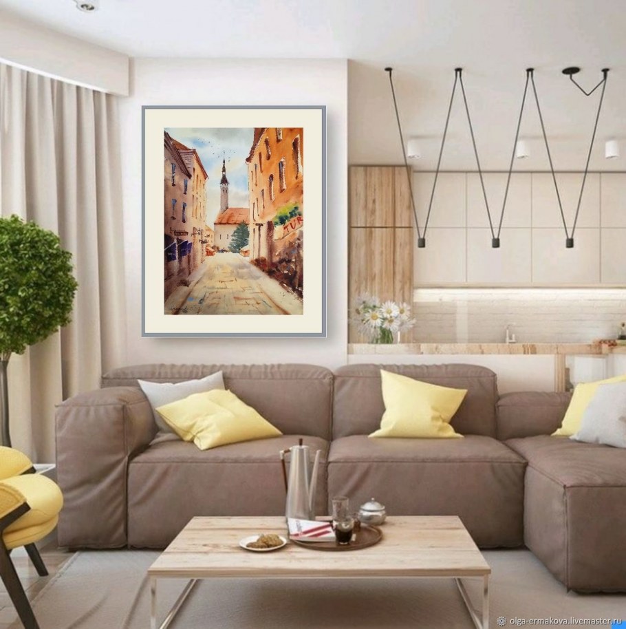 Интерьер кабинета в бежево серых тонах с яркими акцентами