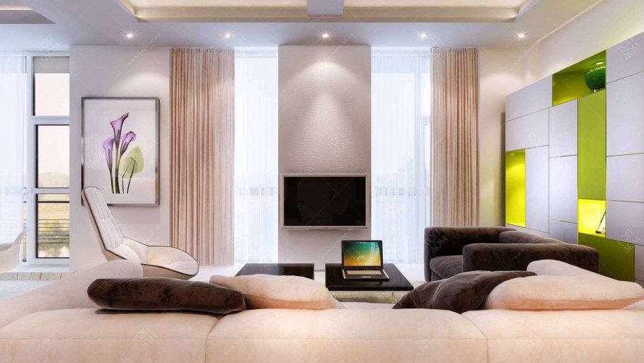 Гостиная в бежевых тонах в современном стиле с яркими акцентами