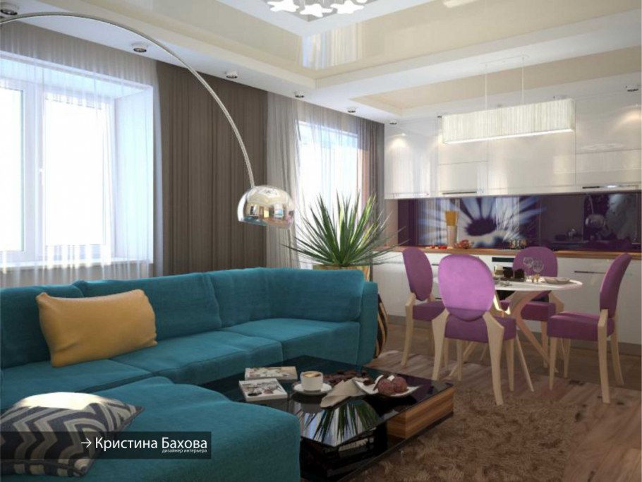 Бежево-коричневый интерьер с яркими акцентами фиолетового