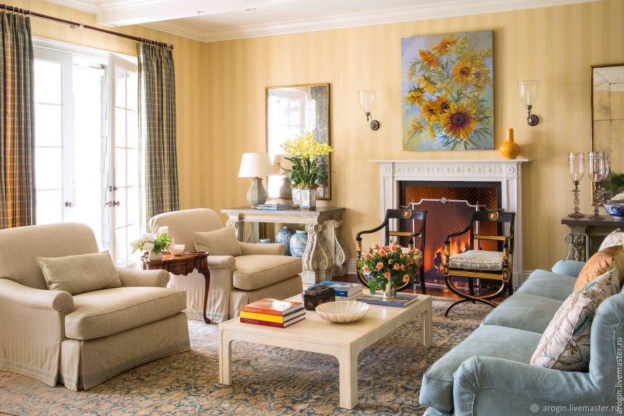 Шторы в гостиную с камином