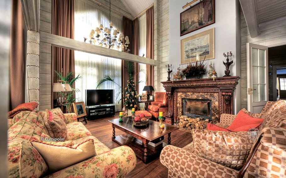 Уютная гостиная с камином в английском стиле