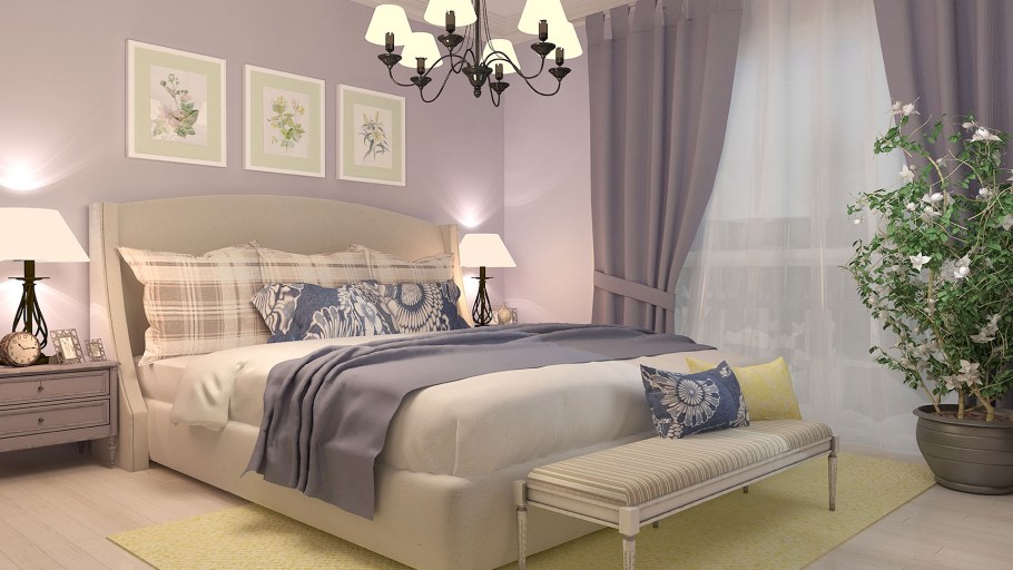 Спальня в пастельно фиолетовых тонах