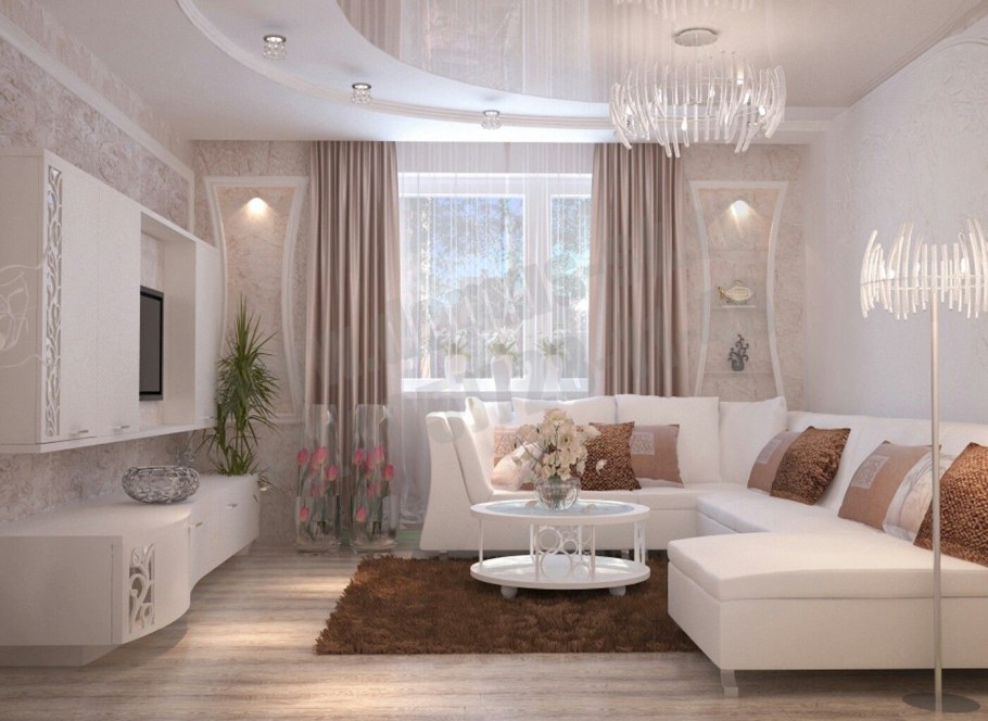 Гостиная в нежных светлых тонах