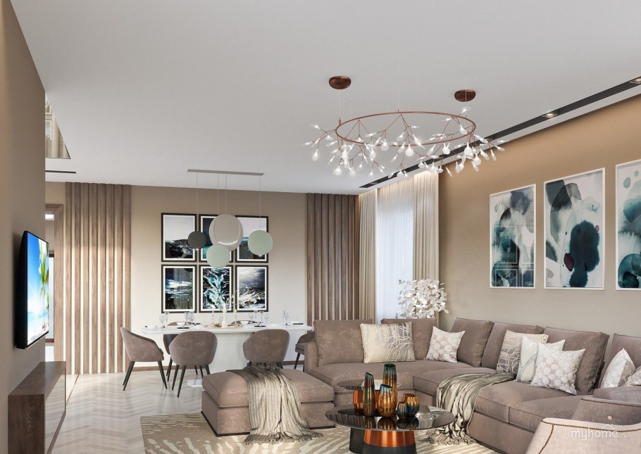 Интерьер гостиной в коттеджном