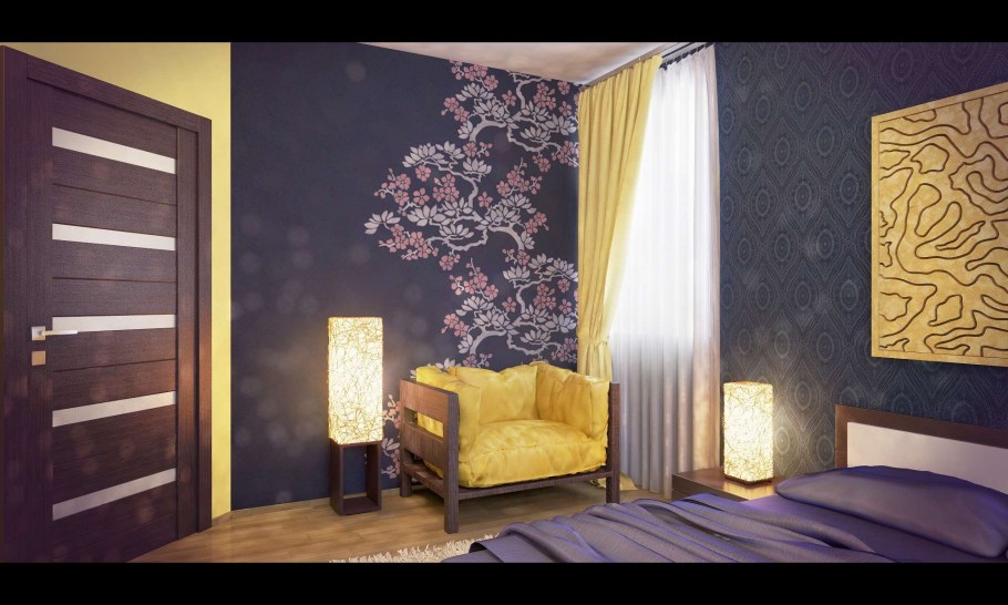 Темные обои в интерьере спальни