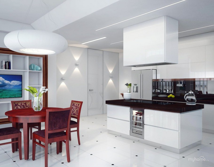 Кухня гостиная с белой кухней