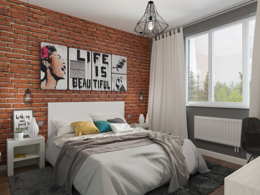 Стена над кроватью в стиле лофт