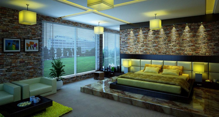 Декоративный камень в интерьере спальни