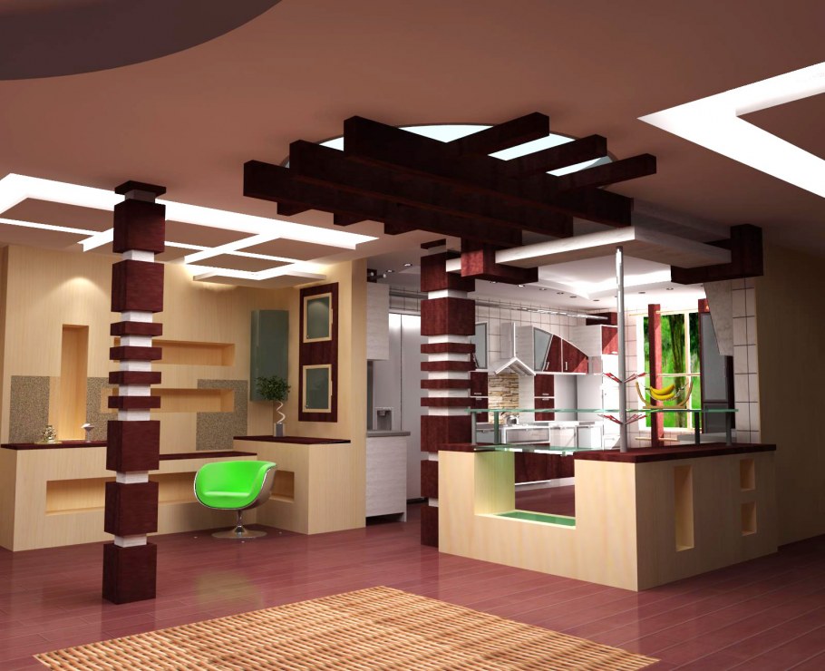 Кухня- гостиная с барной стойкой и лестницей