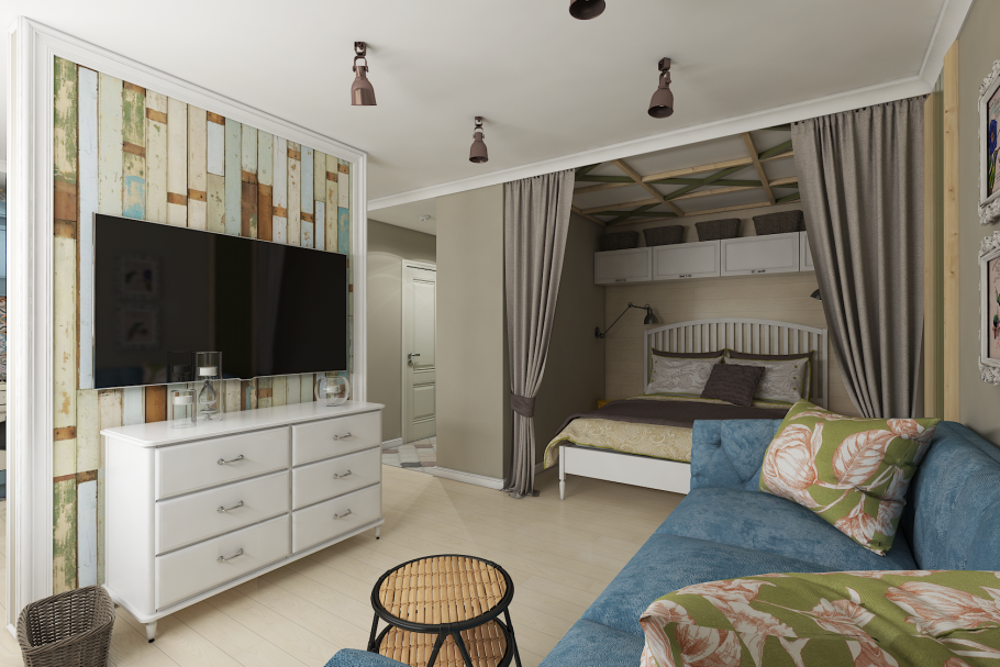 Отделение спальной зоны от гостиной шторами