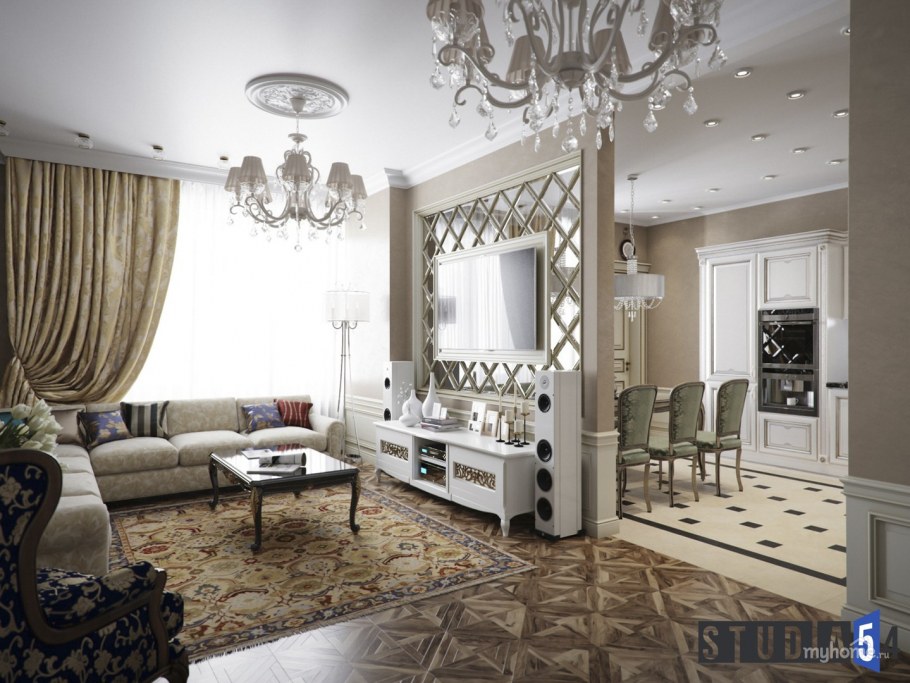 Зеркальное панно в интерьере гостиной