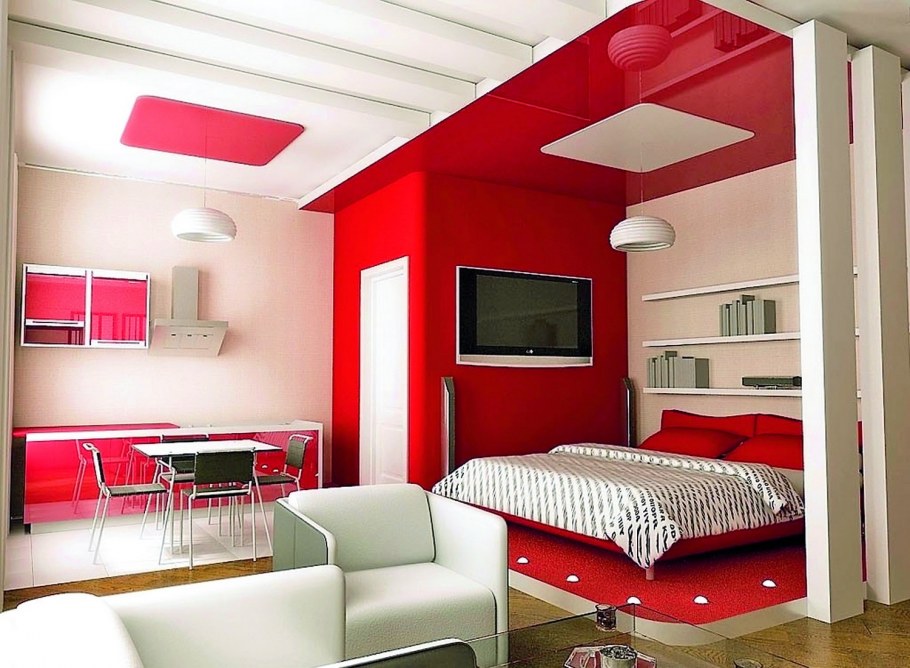 Кухня-гостиная с красным диваном