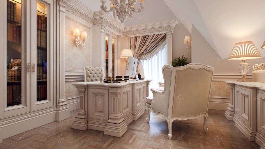 Кабинет в классическом стиле в светлых тонах