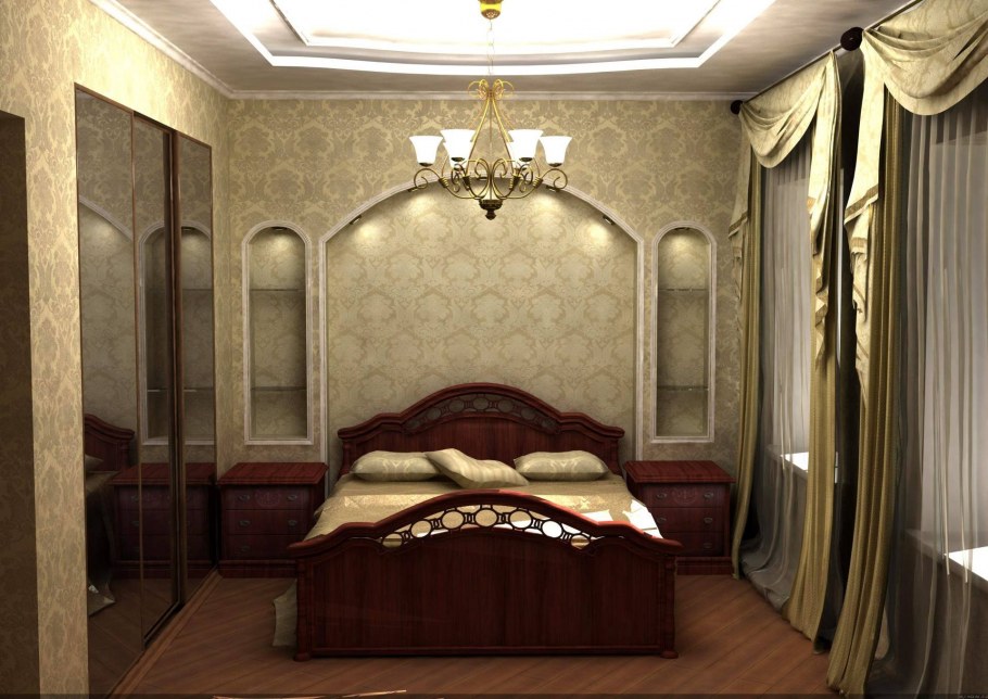 Арка над кроватью из гипсокартона в спальне