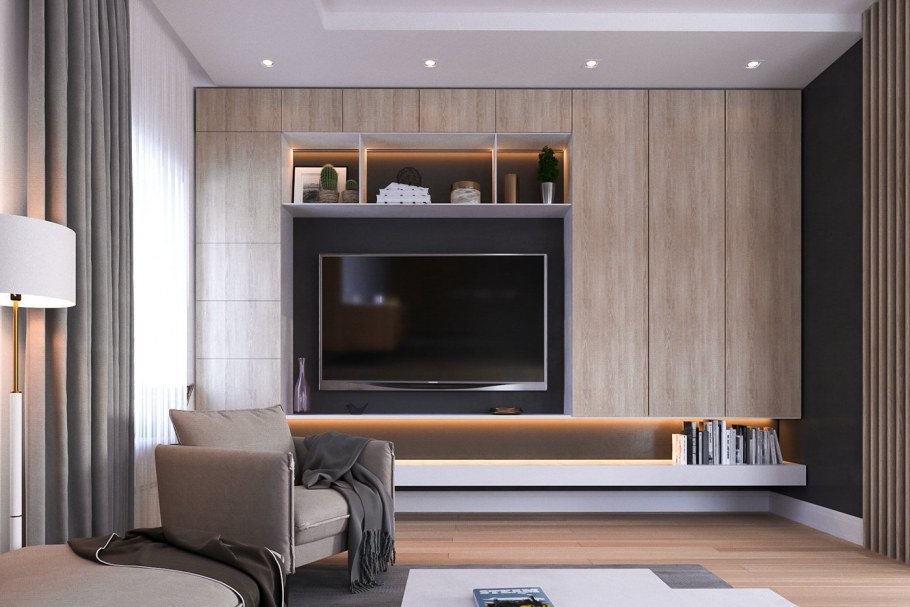 Телевизор у окна в гостиной