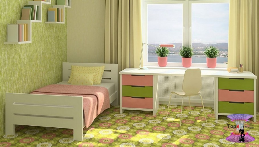 Детская комната с зелеными обоями