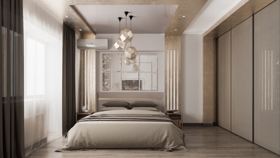 Маленькая спальня в стиле Модерн в бежевых