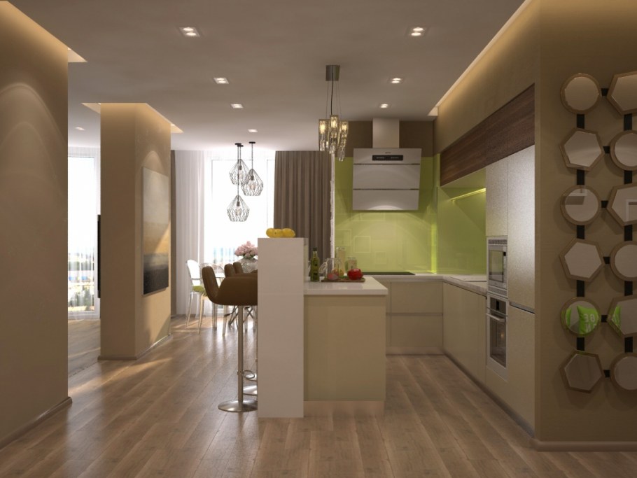 Кухня студия в теплых тонах