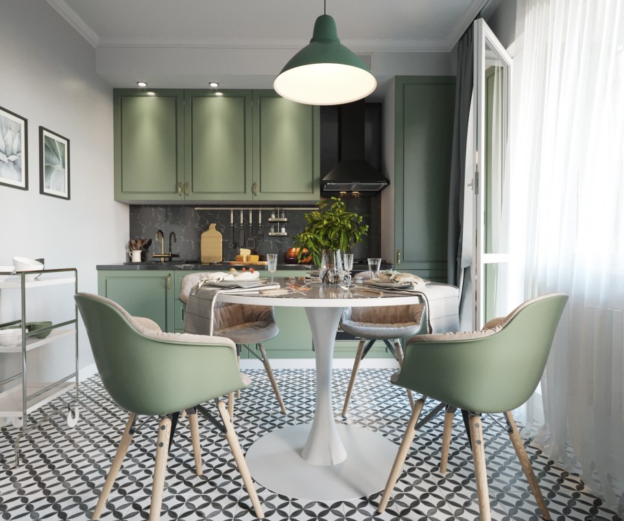 Серо зеленая кухня в интерьере