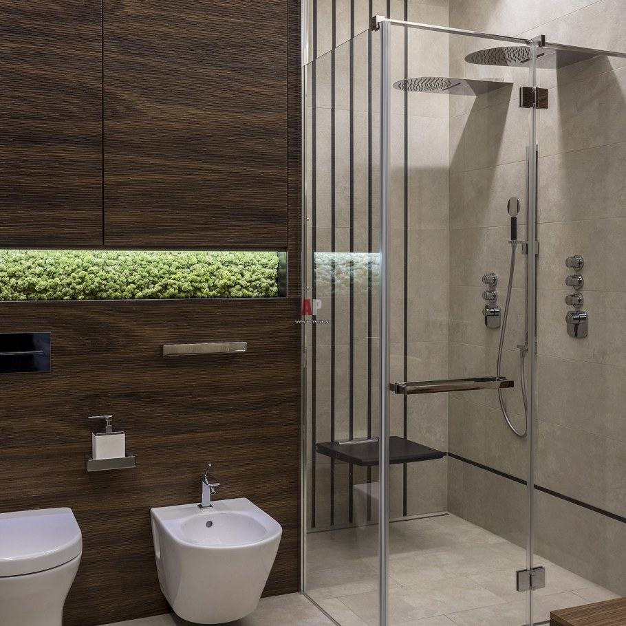 Ванная с душевой кабиной под дерево