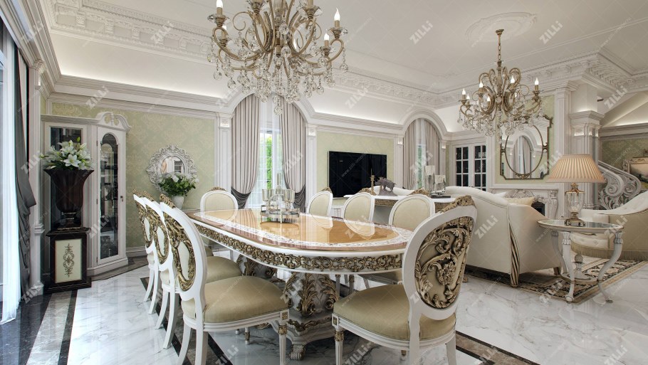 Гостиная с большим столом в классическом стиле