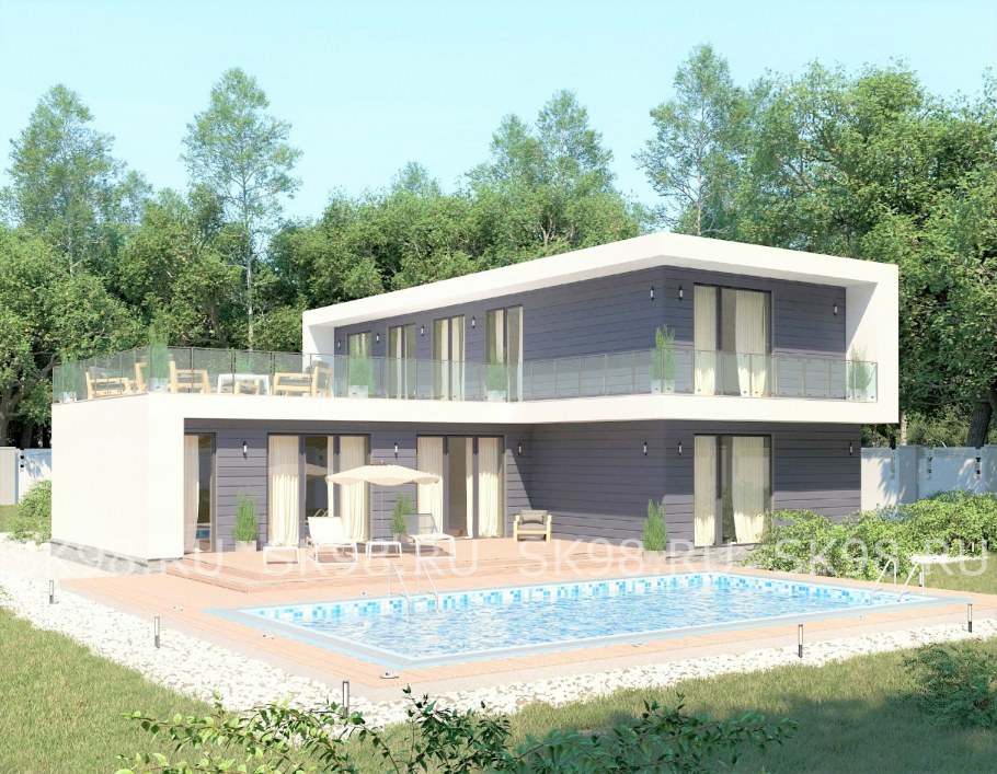 Современный дом с плоской крышей и террасой