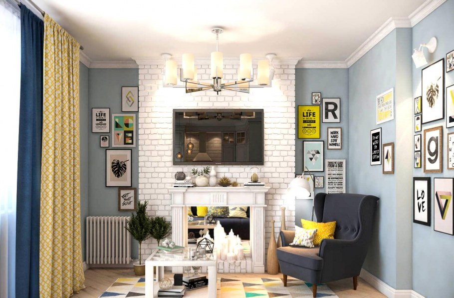 Гостиная в скандинавском стиле с кирпичной стеной