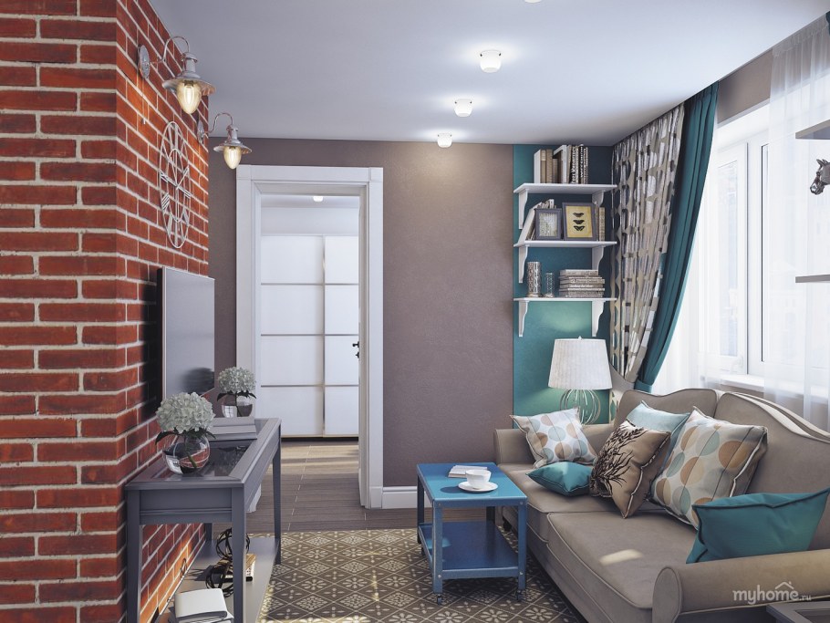 Гостиная в хрущевке интерьер кирпич