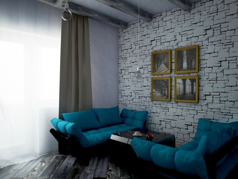 Гостиная в стиле лофт с бирюзой