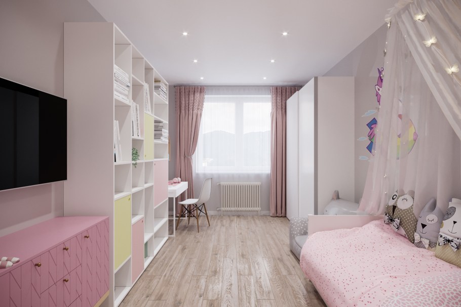 Красивый дизайн квадратной детской комнаты в светлых тонах
