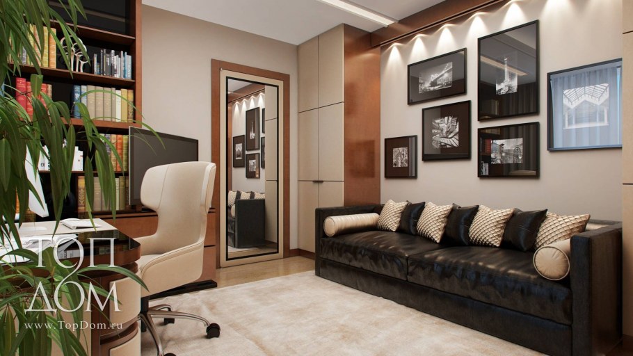 Темно коричневый диван в интерьере