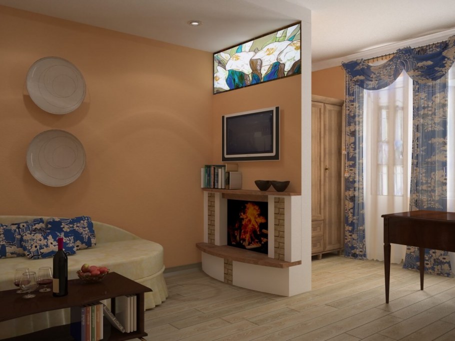 Гостиная в однокомнатной квартире с камином