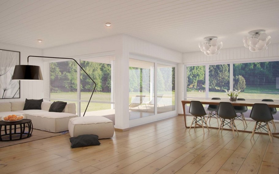 Светлая гостиная с большими окнами