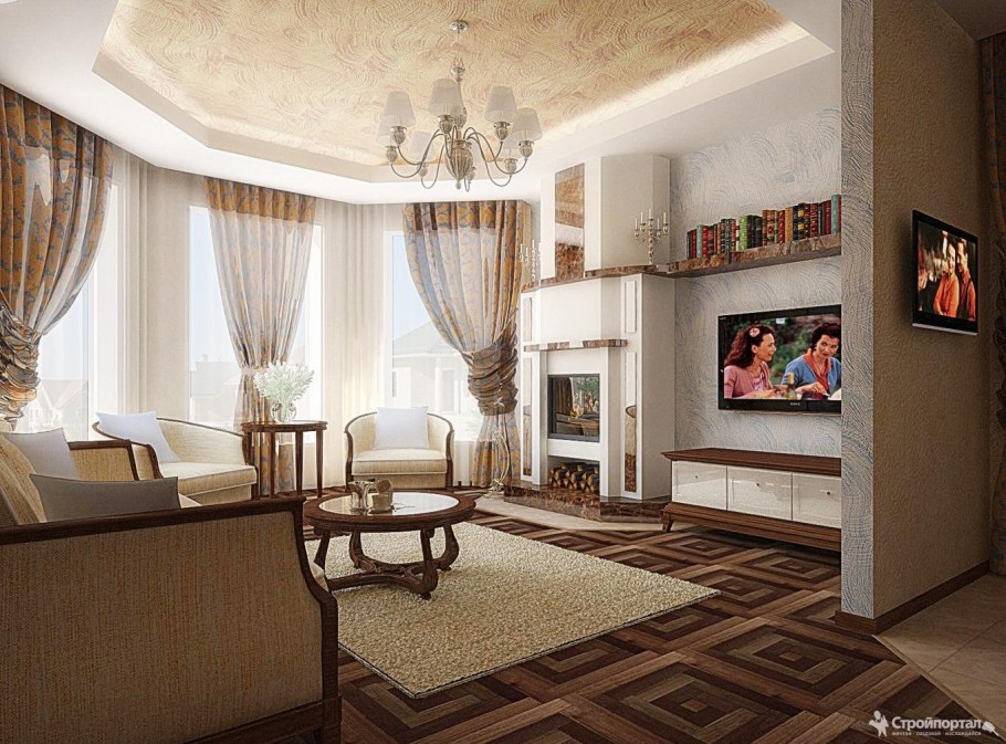 Интерьер гостиной с холлом