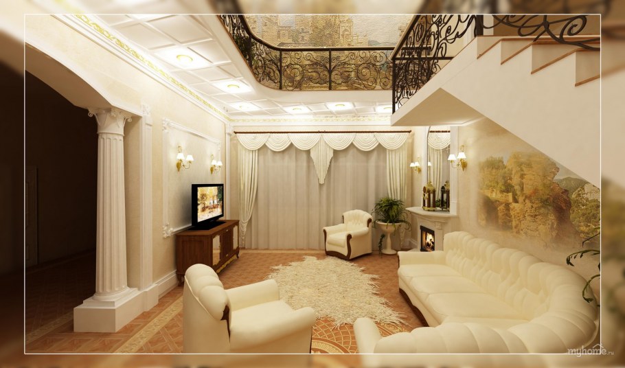 Интерьер гостиной с холлом