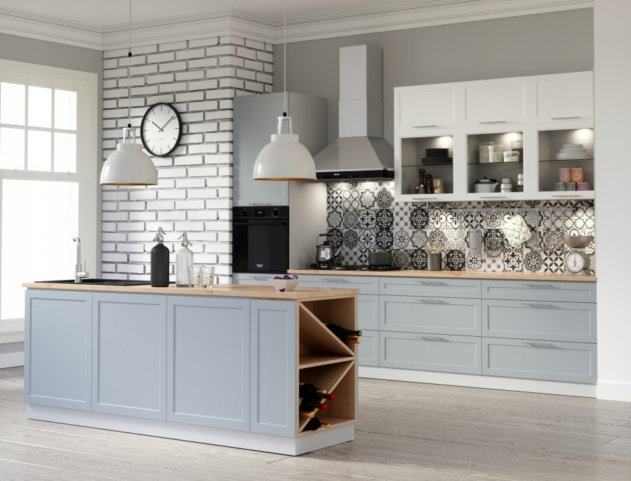 Серая кухня Сканди с деревянной столешницей