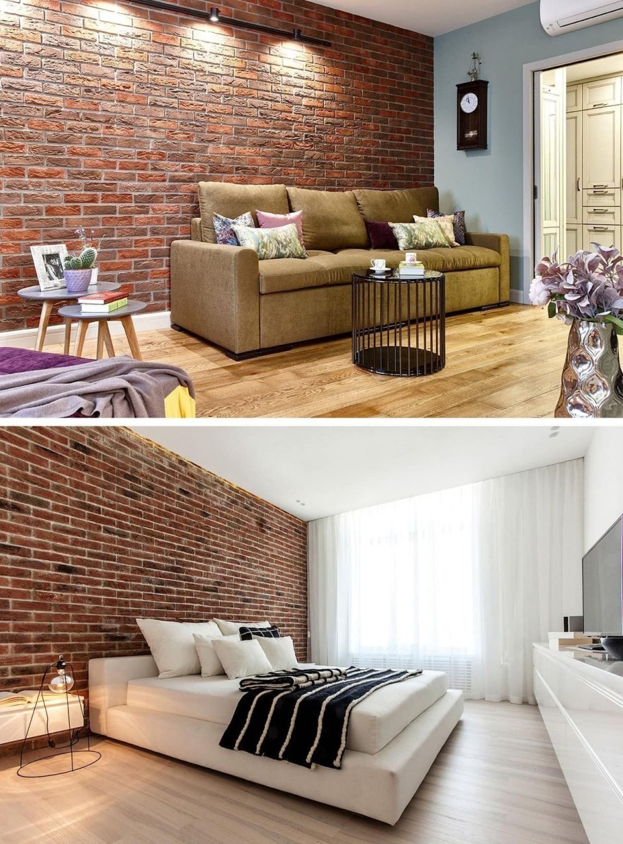 Интерьер с кирпичной стеной в сочетании