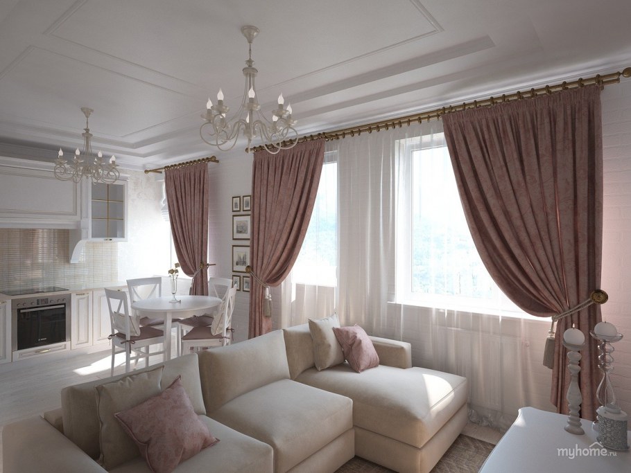 Шторы в гостиную объединенную с кухней