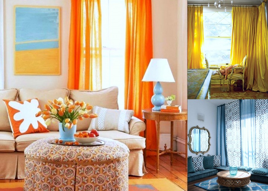 Бежевые стены с оранжевыми шторами