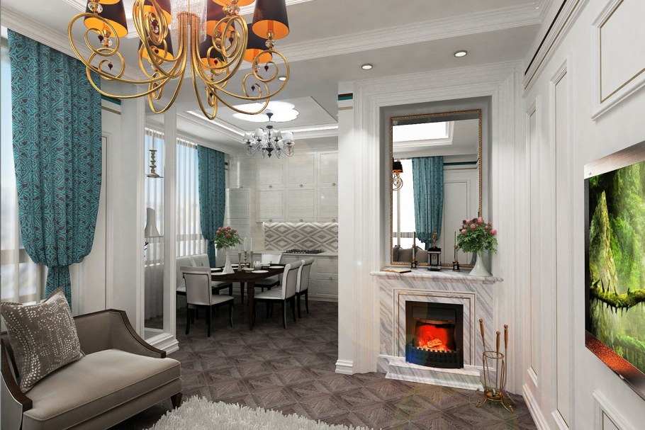 Кухня студия с классическим камином
