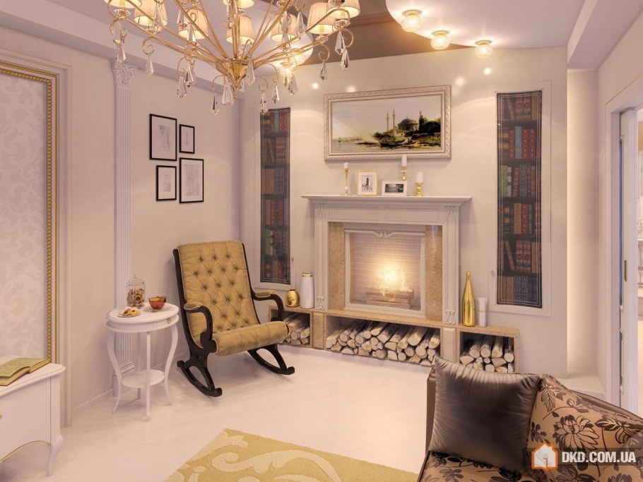 Маленькая гостиная с камином в классическом стиле
