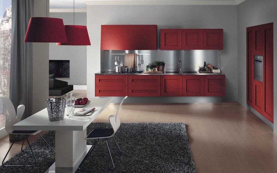 Серо-красная кухня в интерьере