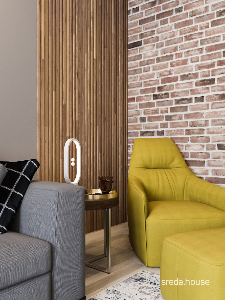 Деревянные рейки и кирпич в интерьере