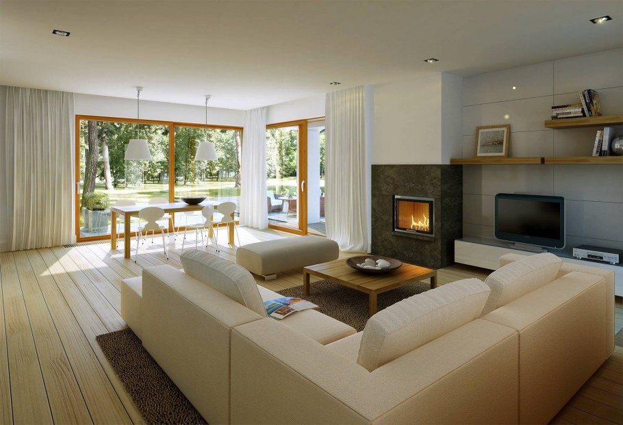 Кухня гостиная в светлых тонах с камином