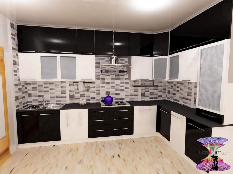 Обои на кухню под черно-белый гарнитур