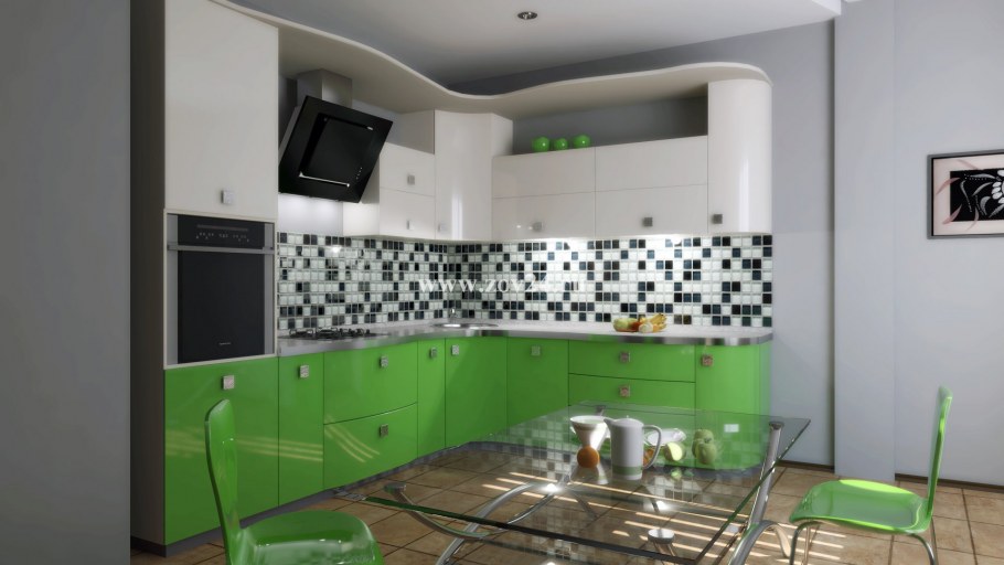 Кухня черно белый глянец с зеленой плиткой