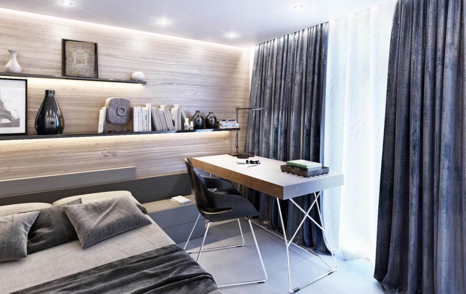 Спальня в стиле лофт с рабочим местом