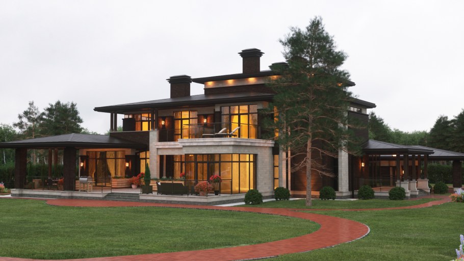 Одноэтажный дом в стиле Райта 200-250 кв